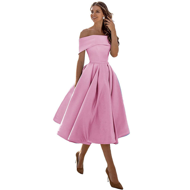 Satin Off Shoulder Pleated Midi Party Dress for Women in Pink