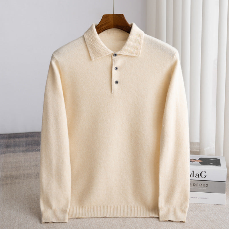 Fall Fine Wool Knit Button Polo Sweater for Men in Beige
