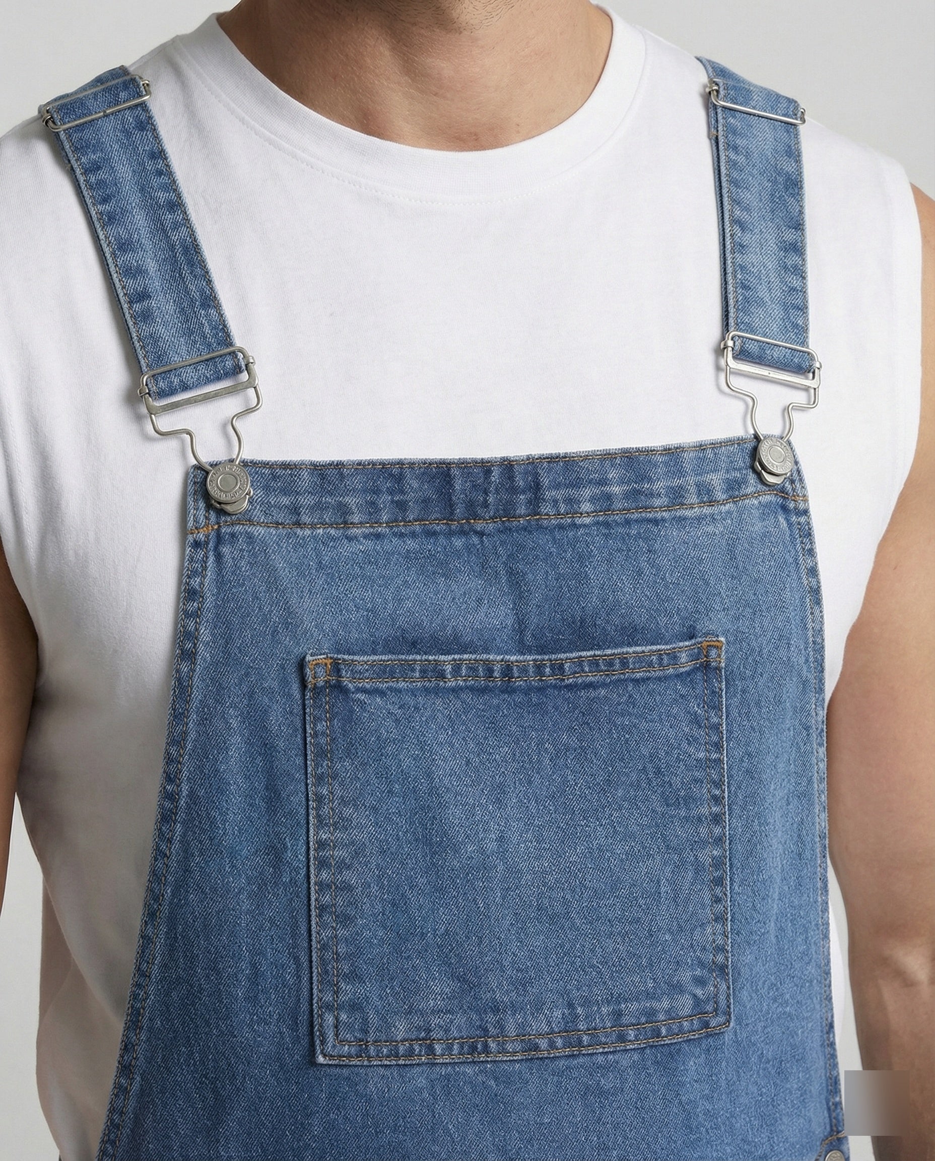Durable denim bib short with pockets, view 2