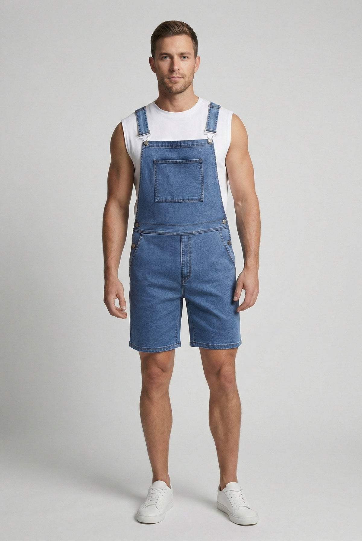 Durable denim bib short with pockets in dark blue