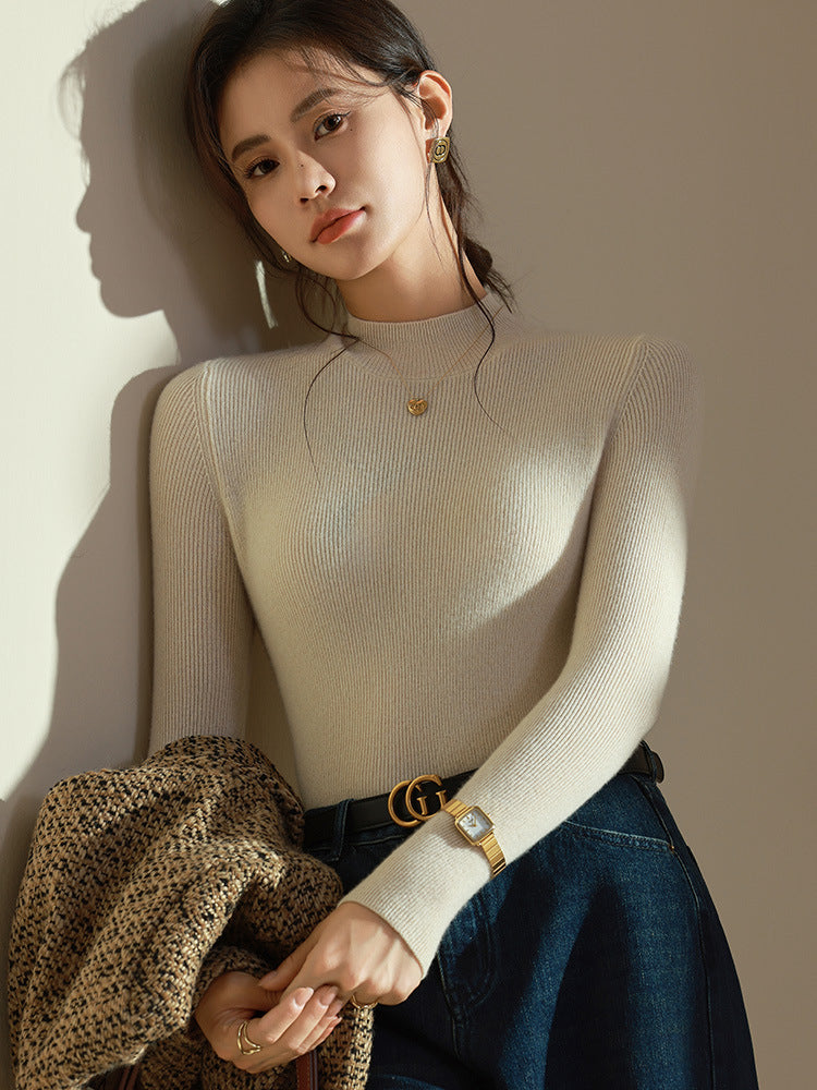 Knit Sweater Womens Rib Mock Neck Long Sleeve Extended Cuff Fitted