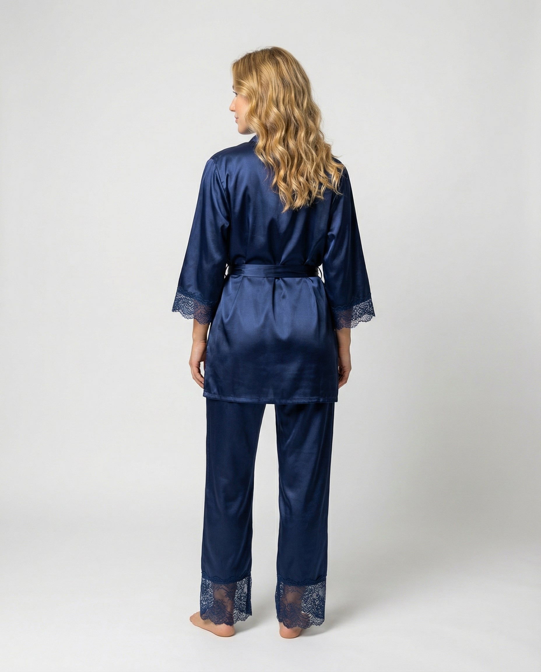 Silk pajama set with piped trim, view 2