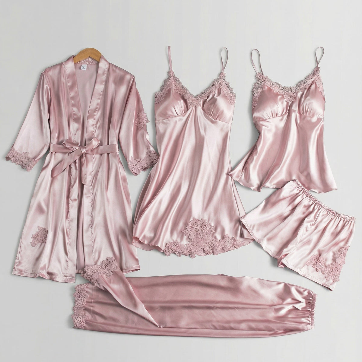 Silk pajama set with piped trim in pink