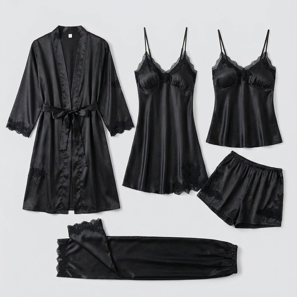 Silk pajama set with piped trim in black