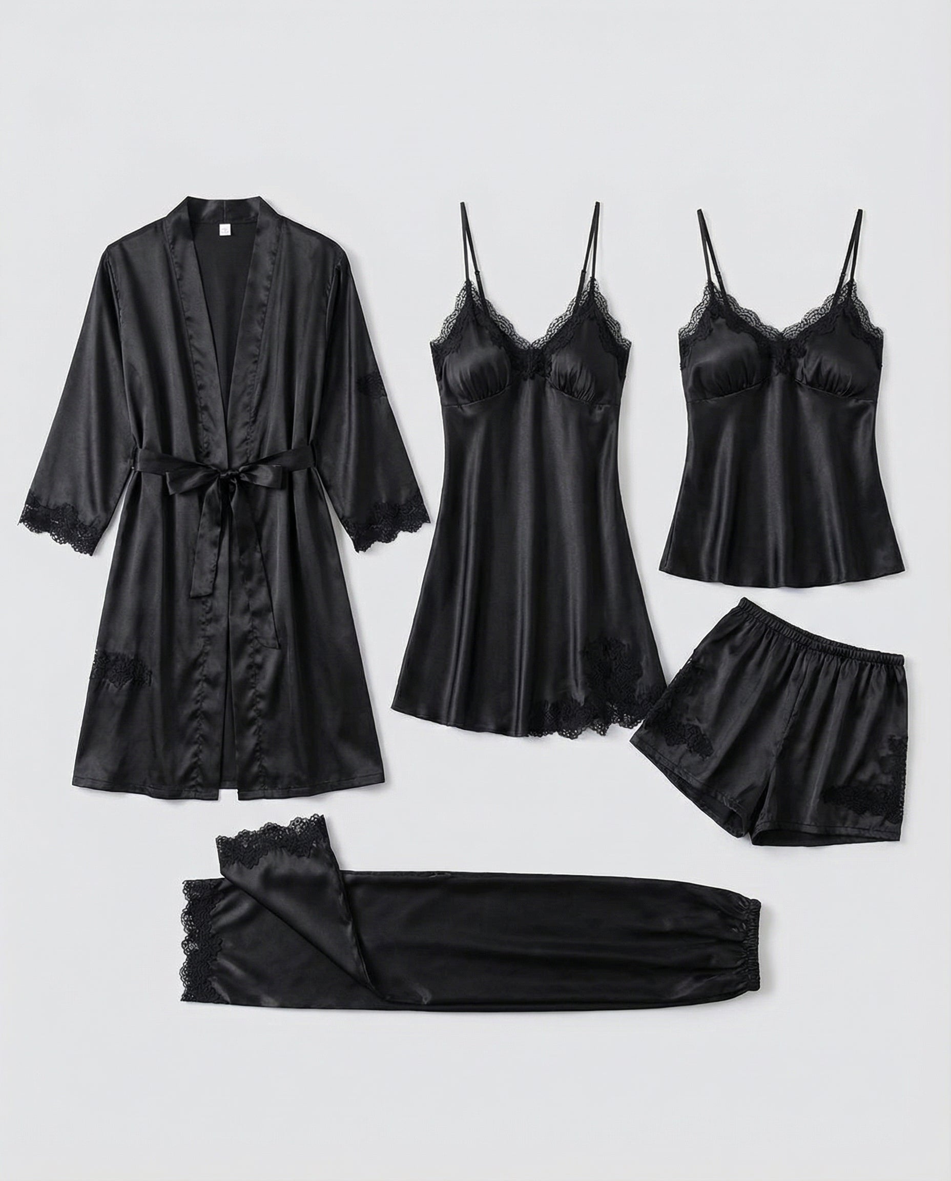 Silk pajama set with piped trim in black