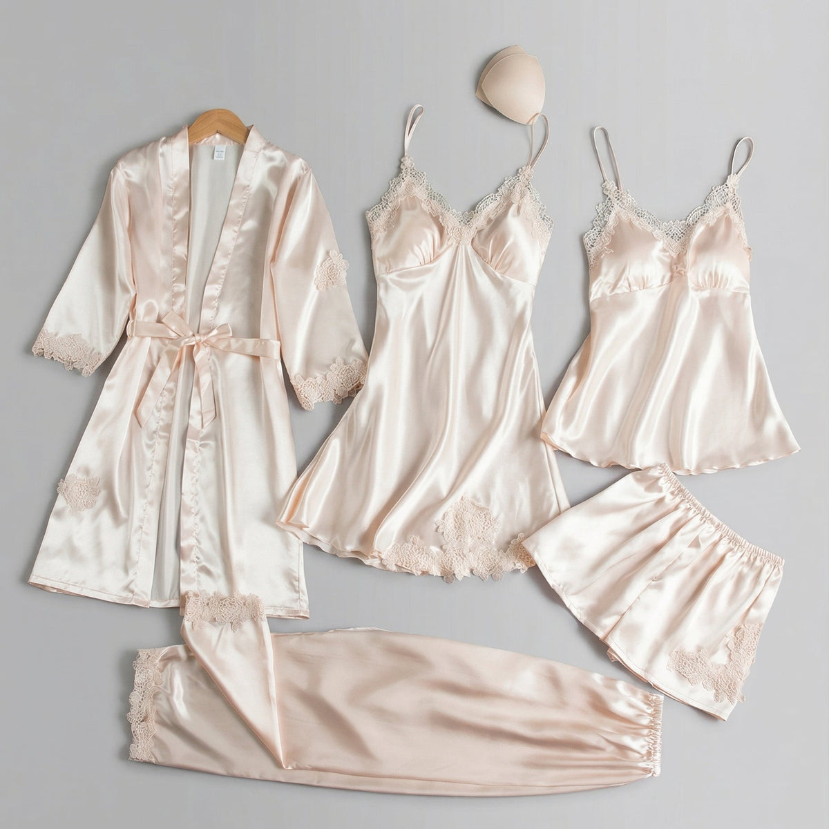 Silk pajama set with piped trim in white gold