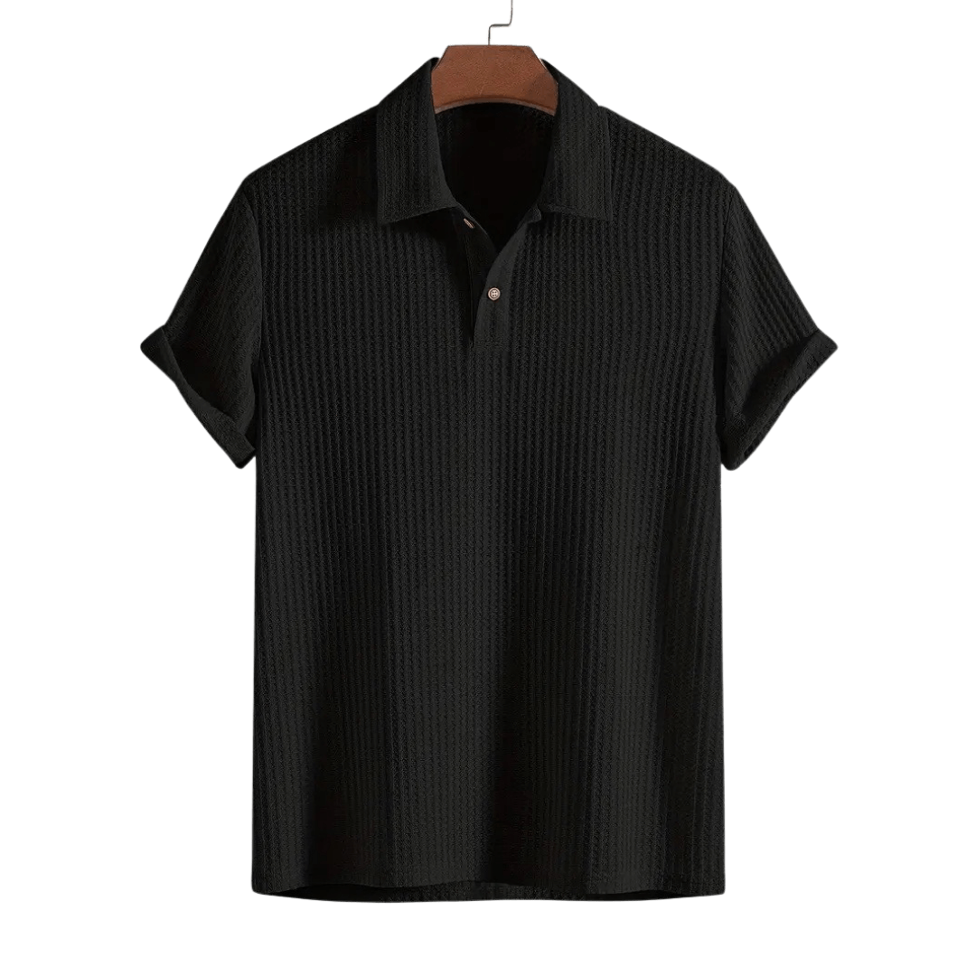 Rolled sleeve waffle knit relaxed polo in black