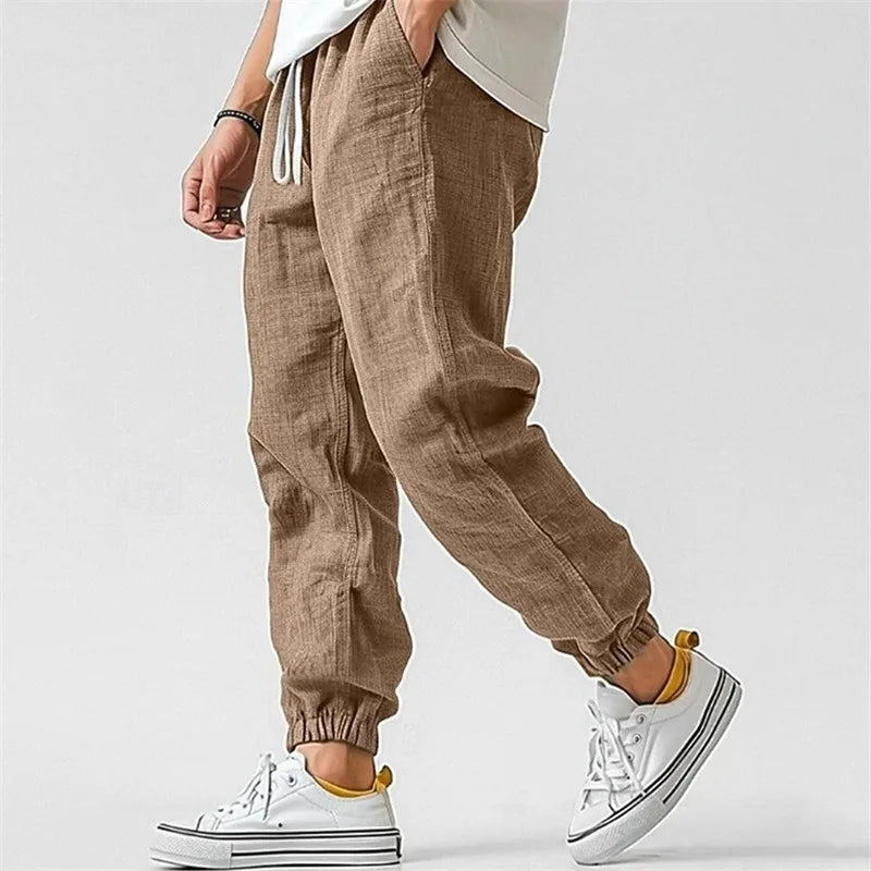 Tapered linen blend drawstring jogger pant in khaki