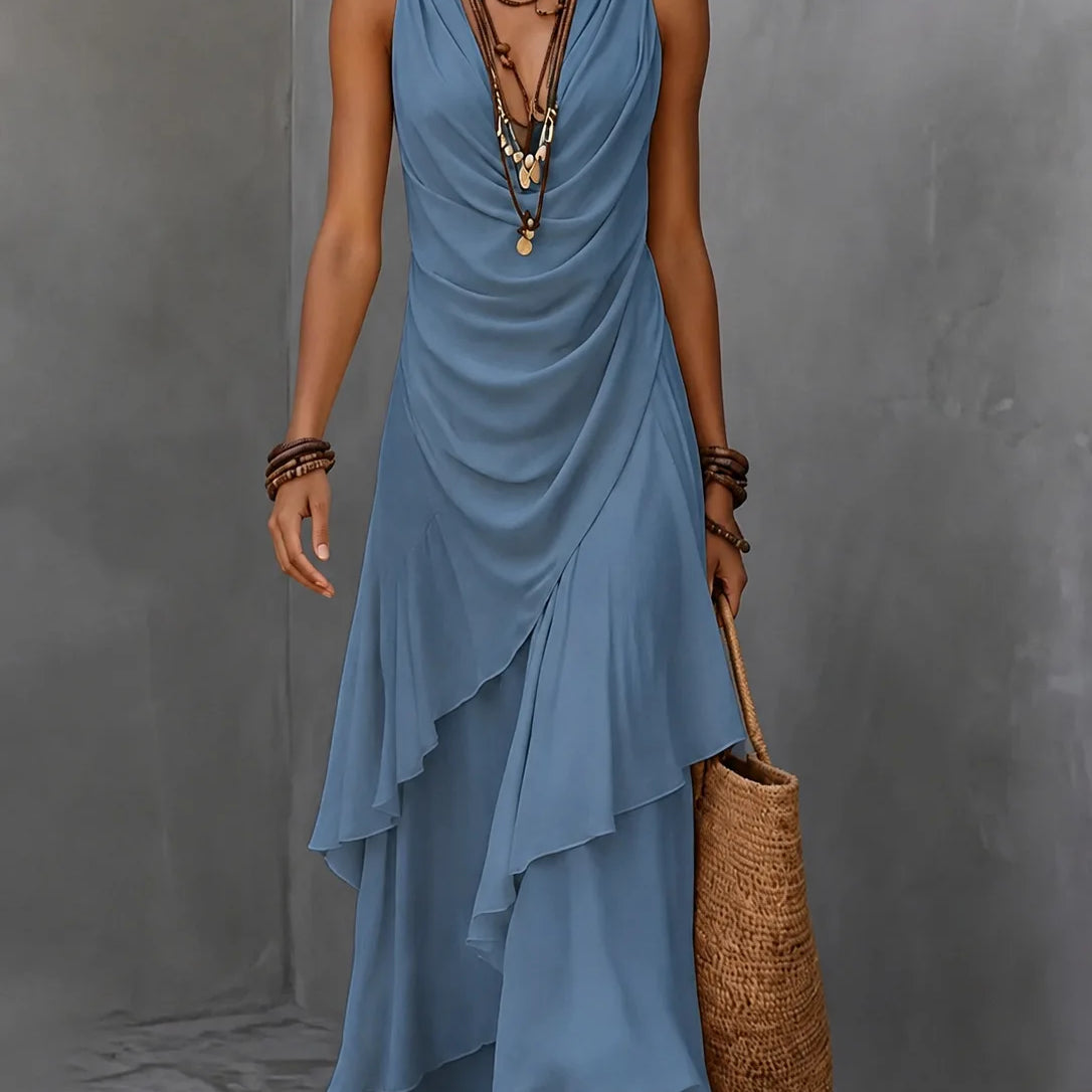 Tiered ruffle ruched waist boho maxi dress in blue