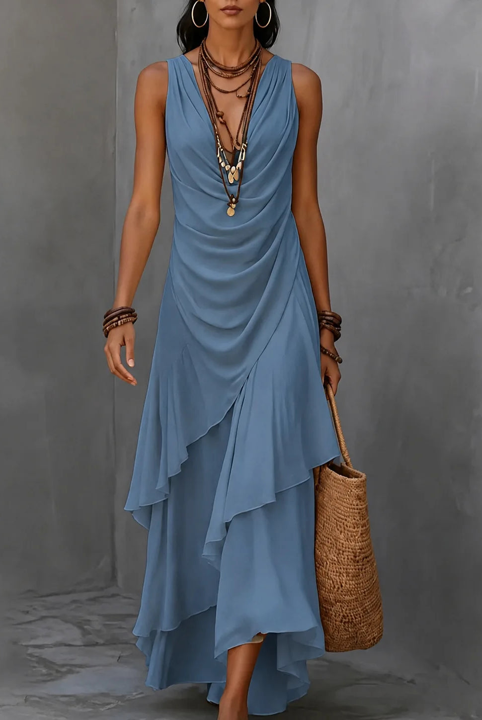 Tiered ruffle ruched waist boho maxi dress in blue