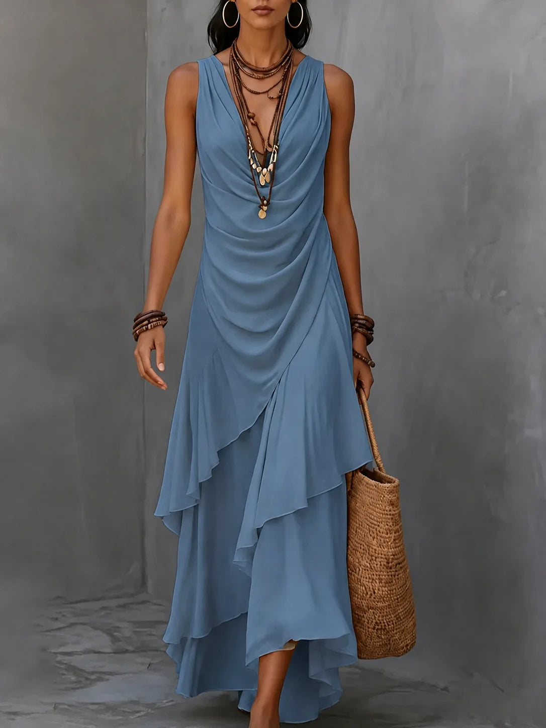 Tiered ruffle ruched waist boho maxi dress in blue