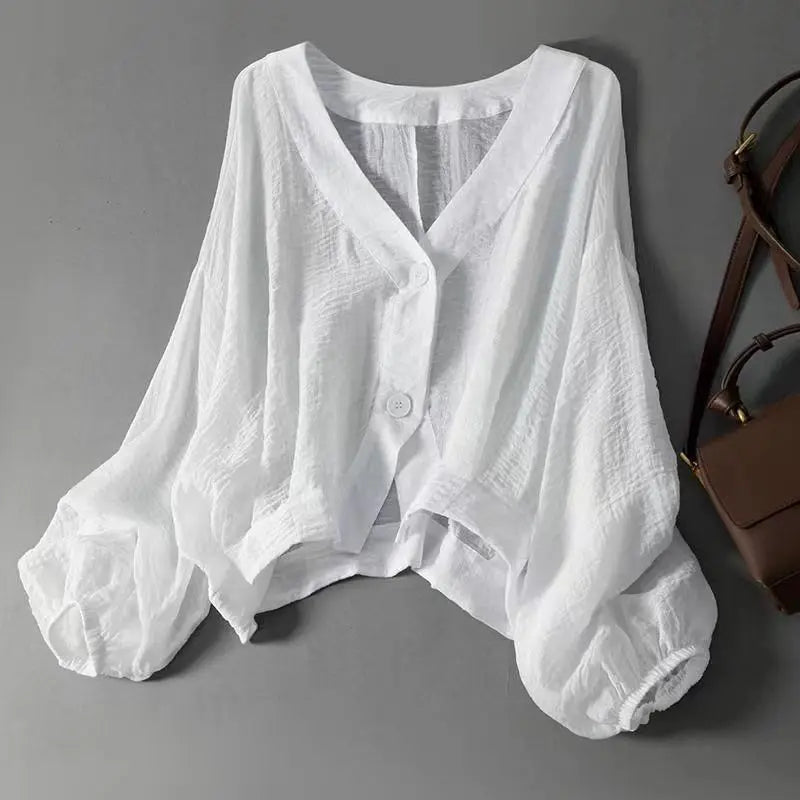 Batwing sleeve cotton linen V-neck blouse in white