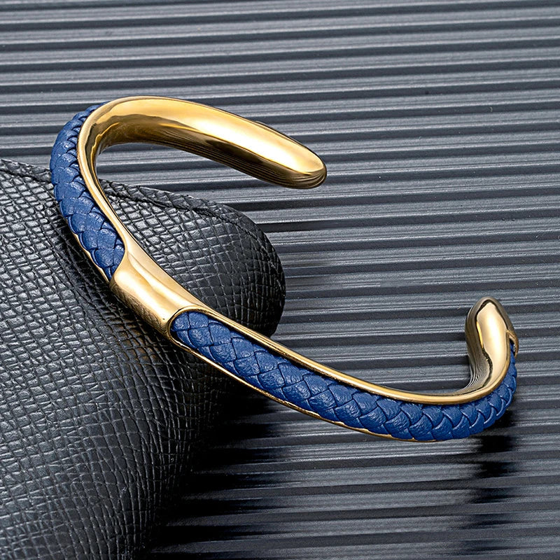 Braided leather and stainless steel cuff bracelet in gold / blue