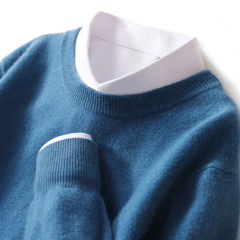 Ribbed trim cashmere blend knit sweater in blue