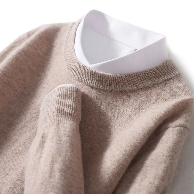 Ribbed trim cashmere blend knit sweater in khaki