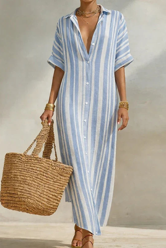 Striped linen blend long shirt dress in sky blue