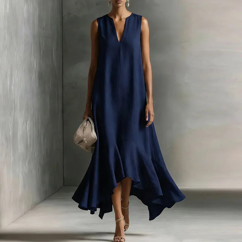Deep V-neck ruffle hem flowy sundress in dark blue