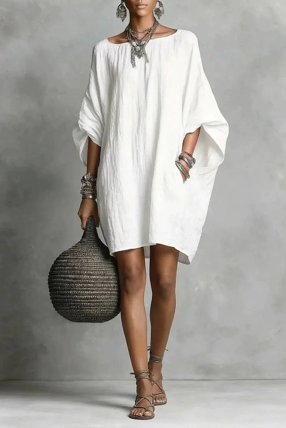 Off shoulder wide sleeve A-line tunic dress in white