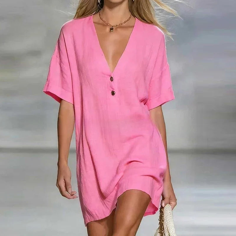 V-neck button cotton linen mini shirt dress in pink
