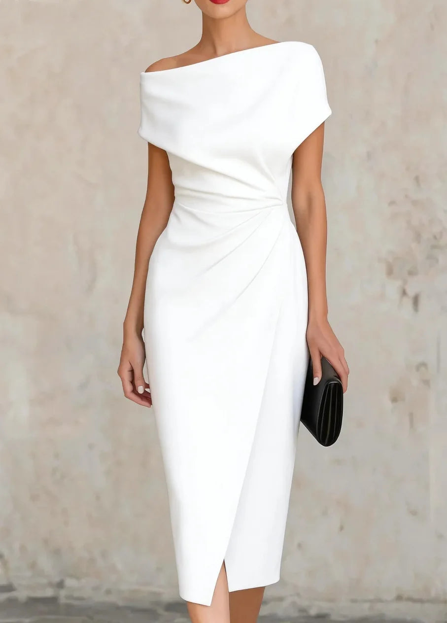 One shoulder pleated waist slit midi dress in white