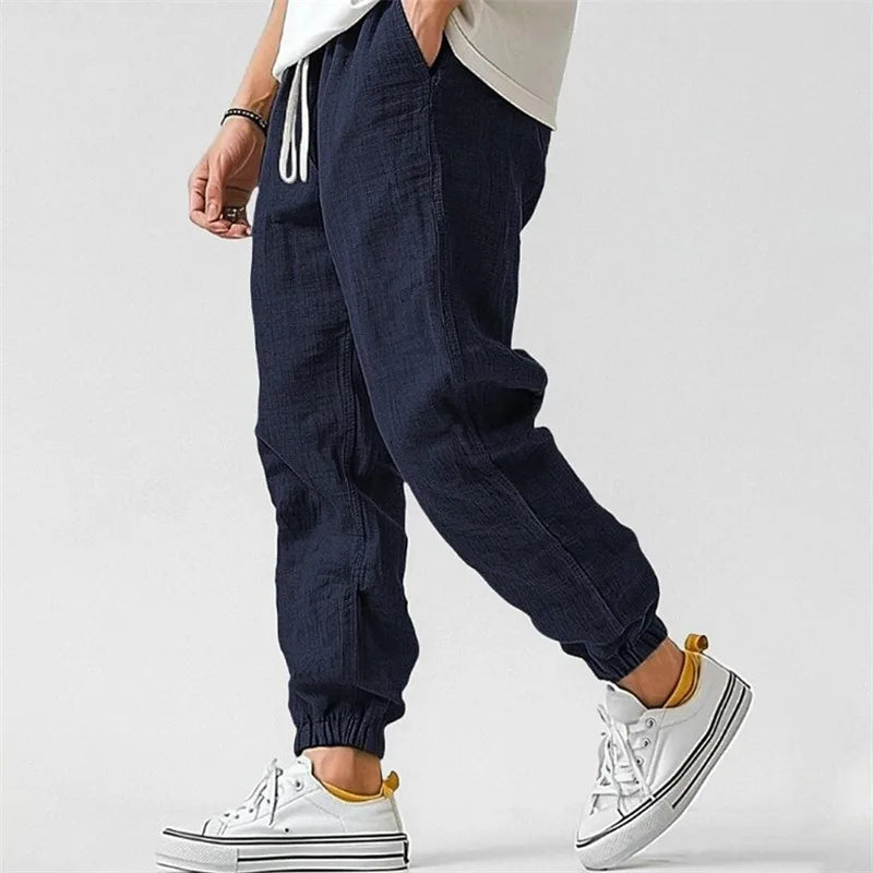 Tapered linen blend drawstring jogger pant in navy
