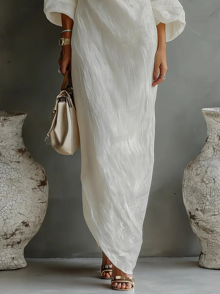 One shoulder textured linen maxi dress, view 4