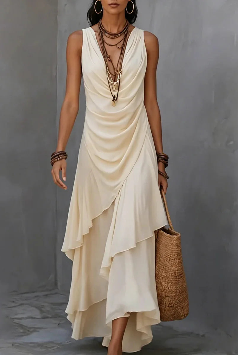 Tiered ruffle ruched waist boho maxi dress in beige
