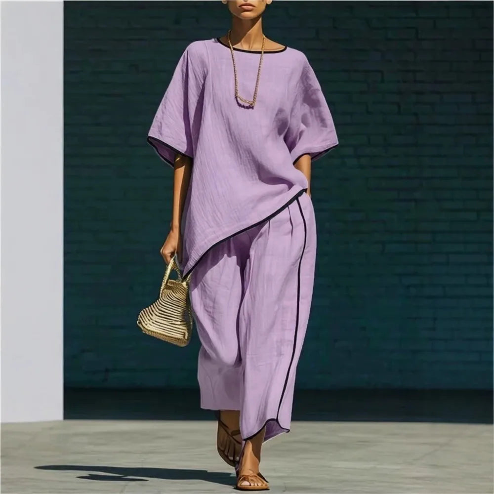 Short sleeve top and cropped wide leg pant set in purple