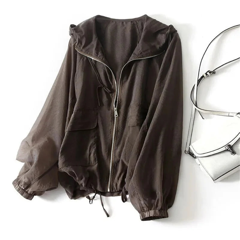 Lightweight loose long sleeve sun hoodie in chocolate