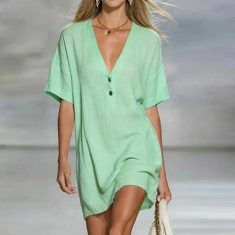 V-neck button cotton linen mini shirt dress in green