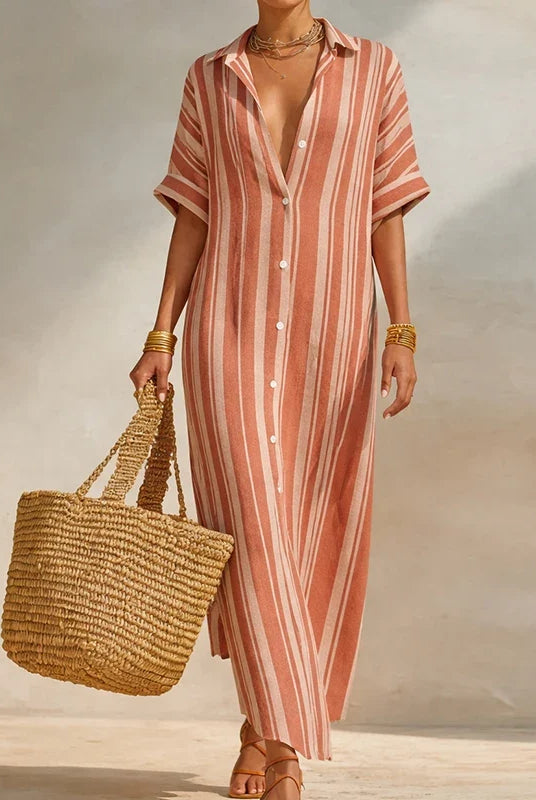 Striped linen blend long shirt dress in pink