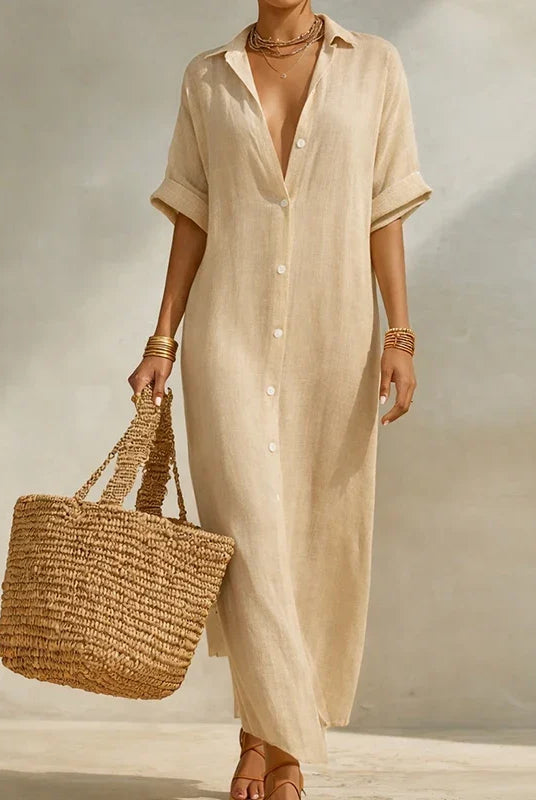 Striped linen blend long shirt dress in biege