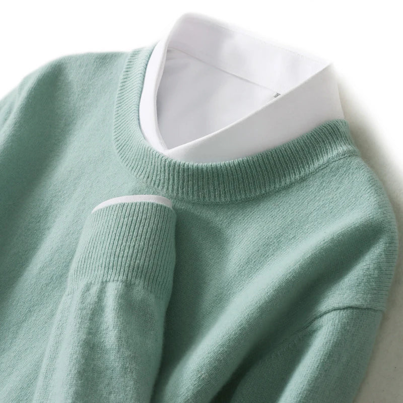 Ribbed trim cashmere blend knit sweater in mint green