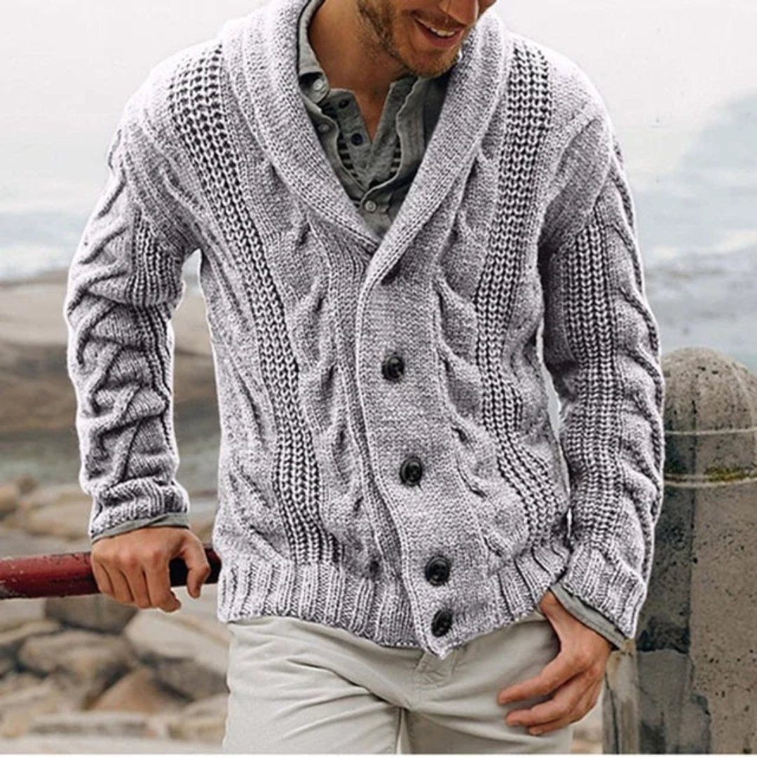 Winter Heavyweight Cable Knit Shawl Collar Cardigan for Men in Light Gray