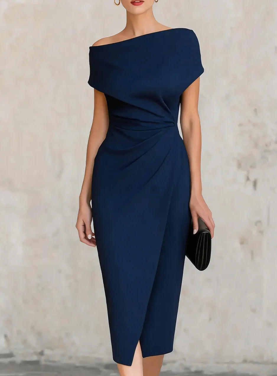 One shoulder pleated waist slit midi dress in navy blue