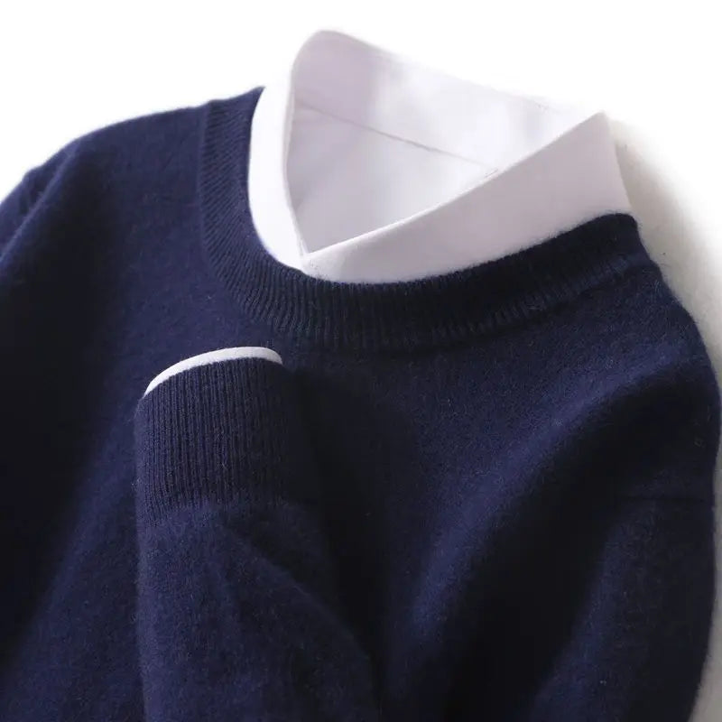 Ribbed trim cashmere blend knit sweater in navy