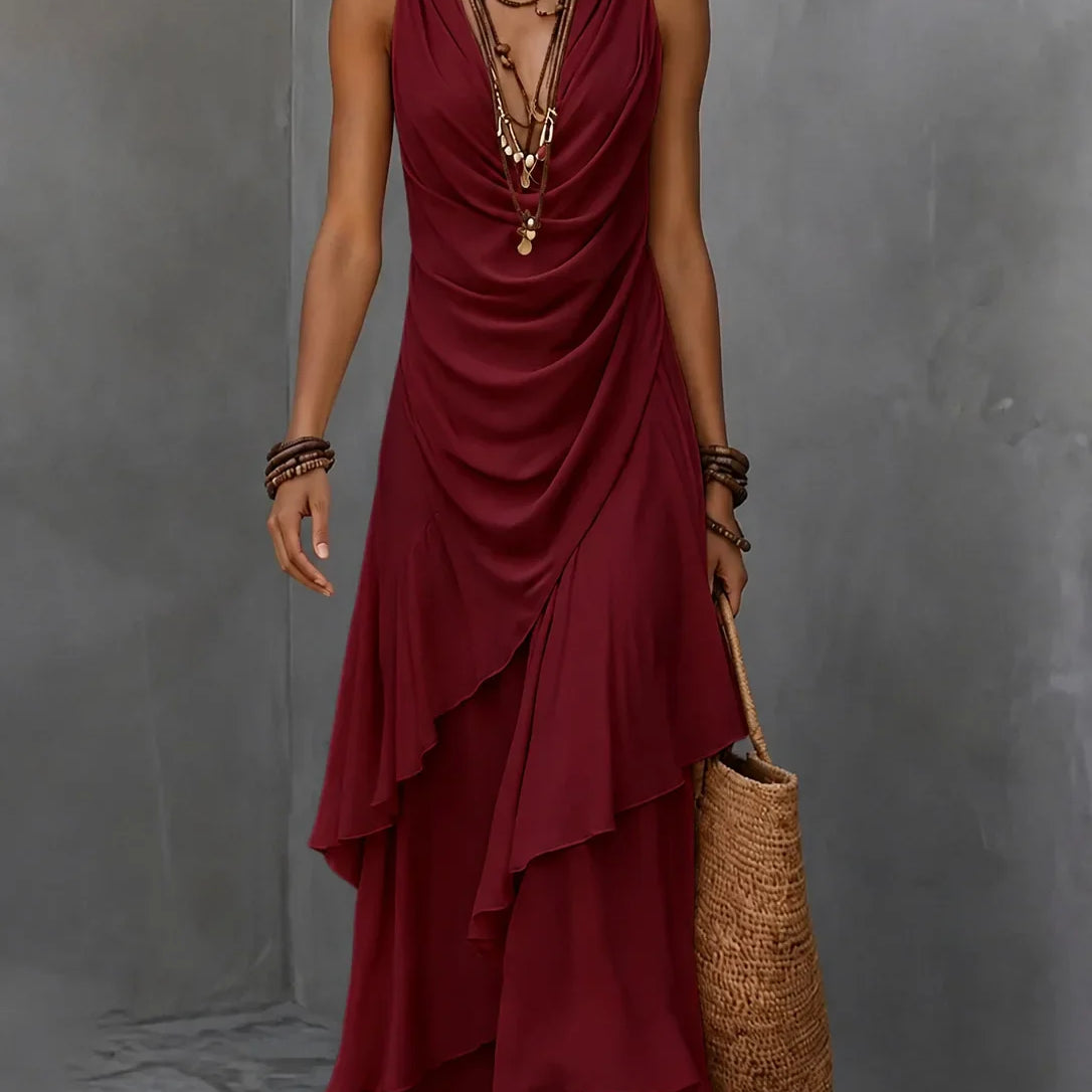 Tiered ruffle ruched waist boho maxi dress in red