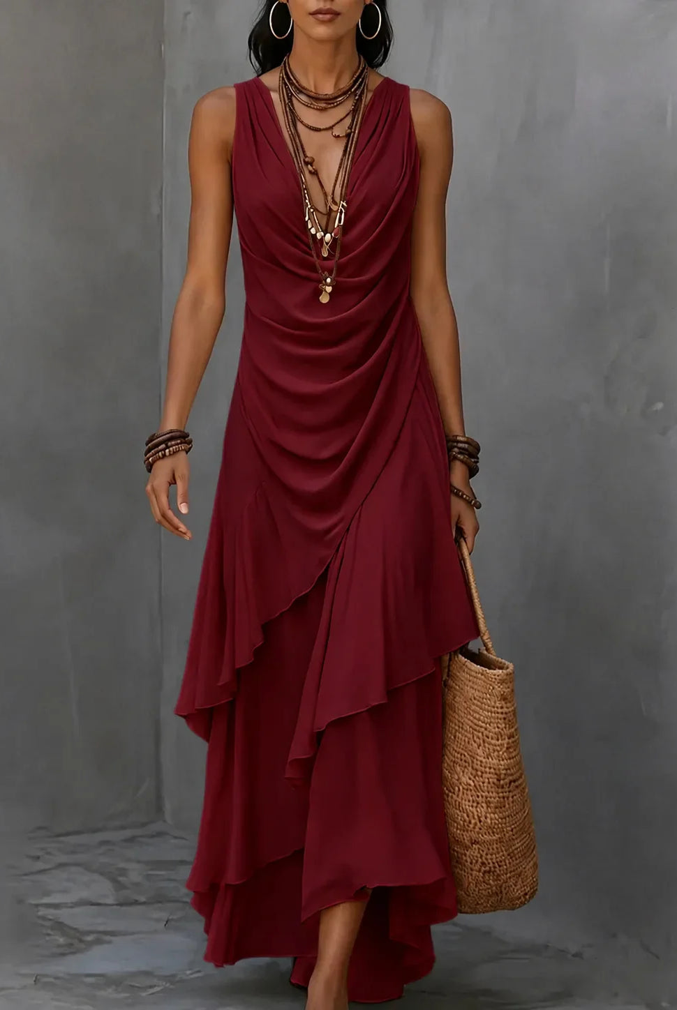 Tiered ruffle ruched waist boho maxi dress in red