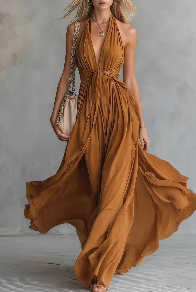 Plunging halter open back pleated maxi dress in brown