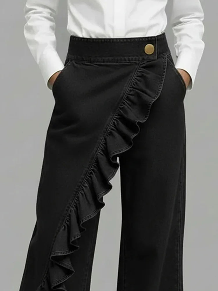 Asymmetrical ruffle detail wide leg jean, view 6