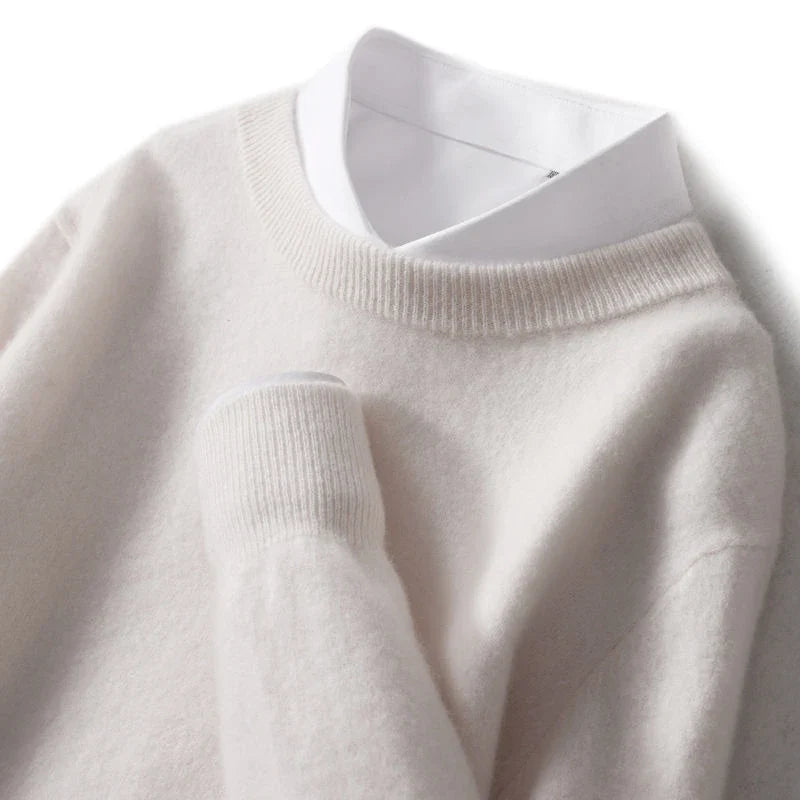 Ribbed trim cashmere blend knit sweater in white