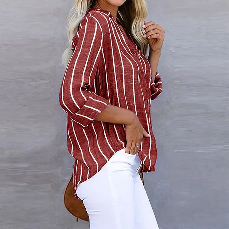 Relaxed striped cotton V-neck shirt, view 5