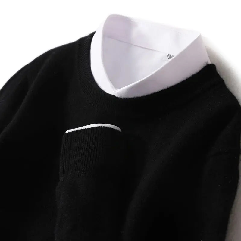 Ribbed trim cashmere blend knit sweater in black