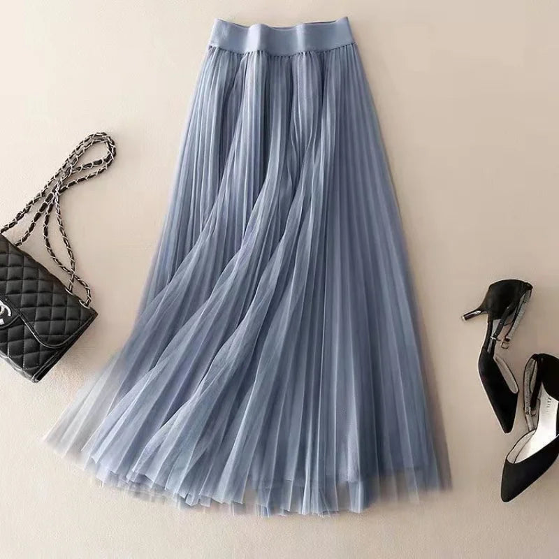 High waist pleated mesh layered midi skirt in blue