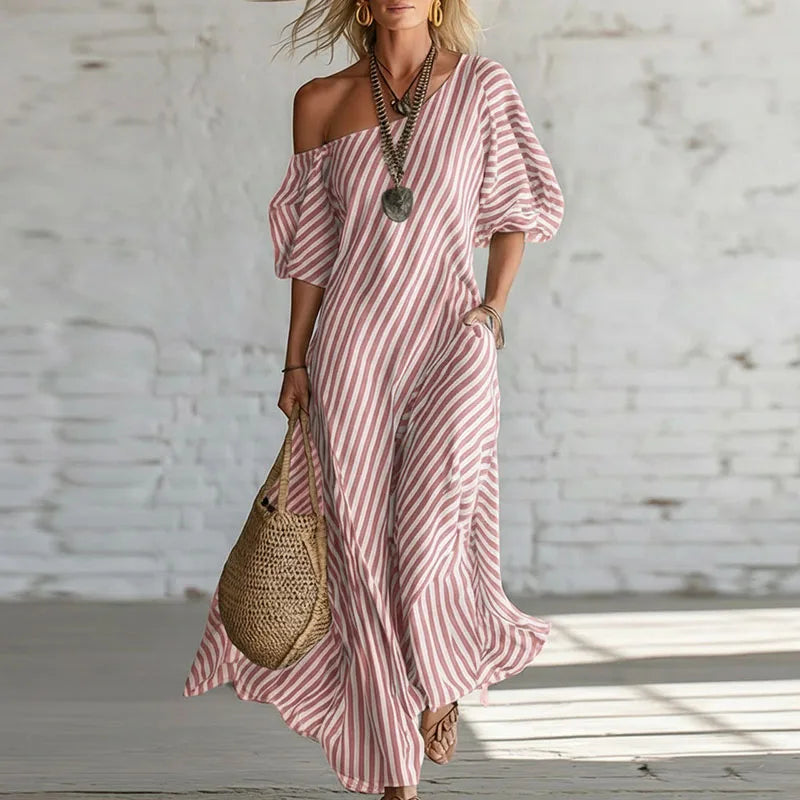 One shoulder striped puff sleeve maxi dress in pink