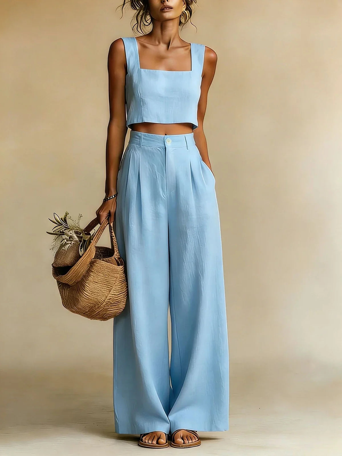 Square neck crop top and palazzo pants set in blue