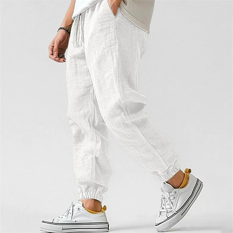 Tapered linen blend drawstring jogger pant in white