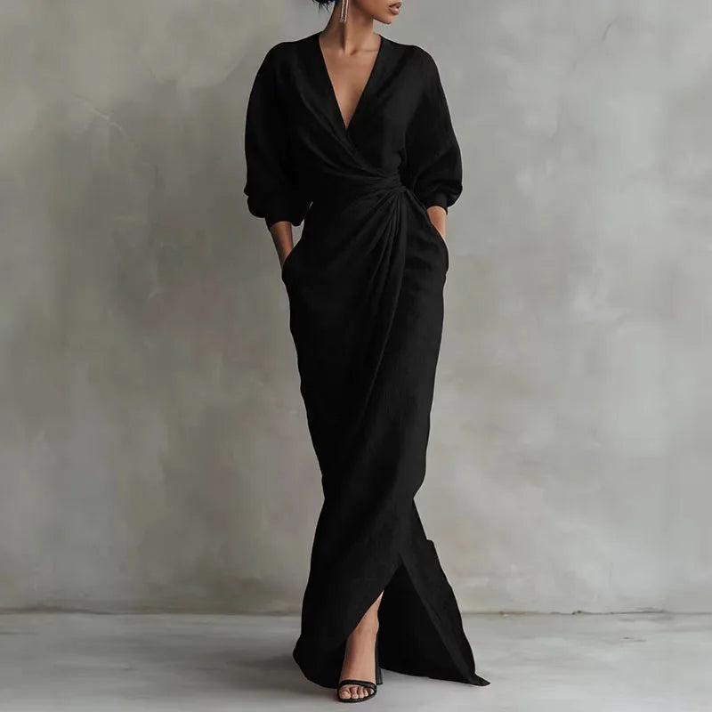 Long sleeve wrap waist slit maxi dress in black