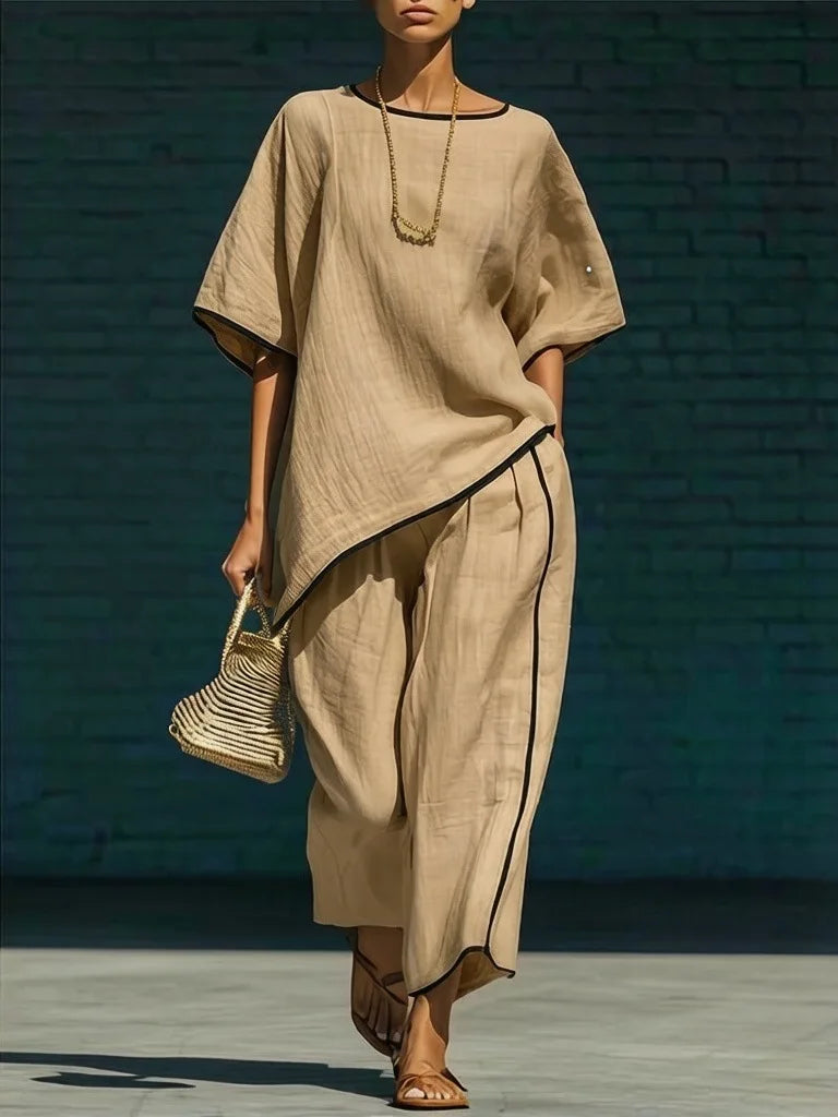 Short sleeve top and cropped wide leg pant set in khaki