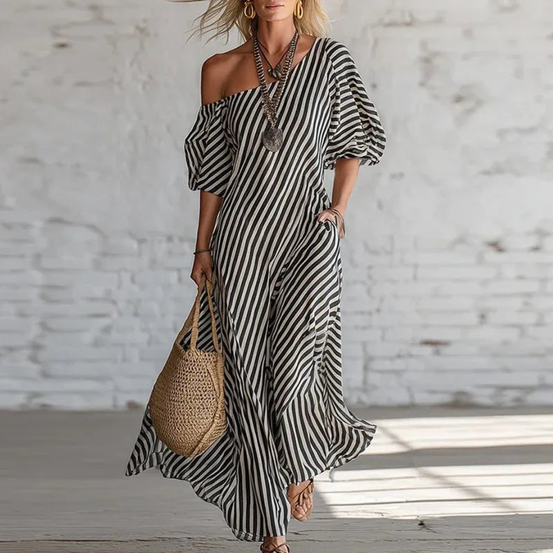 One shoulder striped puff sleeve maxi dress in black